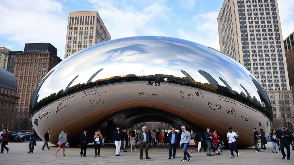 Cloud Gate sculpture in Millennium Park Chicago with reflective surface showing city buildings, tourists enjoying public space, daytime