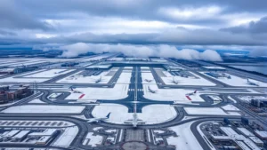 Aerial view of Chicago O'Hare International Airport during winter with snow-covered runways and multiple aircraft waiting in holding patterns, dramatic winter clouds overhead