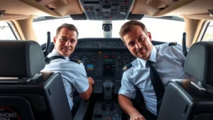 Modern commercial aircraft cockpit with pilots at controls, detailed instrument panels visible, professional aviation environment, natural daylight streaming through windows, serious focused expressions