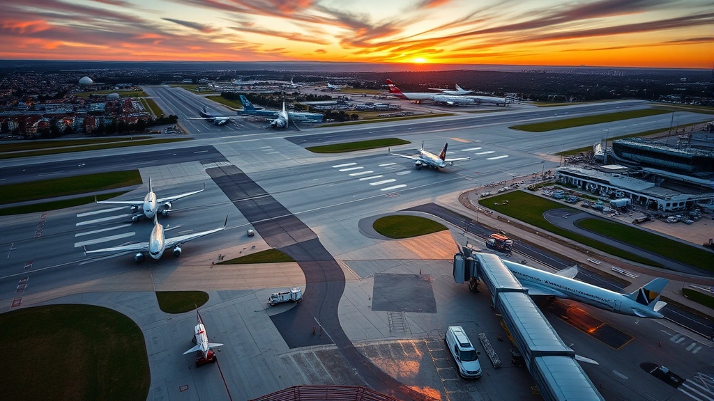 Madrid Barajas Airport aerial view at sunset with multiple runways, aircraft on taxiways, emergency vehicles positioned near terminal, vibrant Spanish landscape surrounding airport facilities