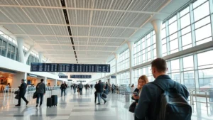 Photorealistic modern airport terminal with departure boards displaying flight information and passengers checking flight status on mobile devices, bright natural lighting, contemporary design
