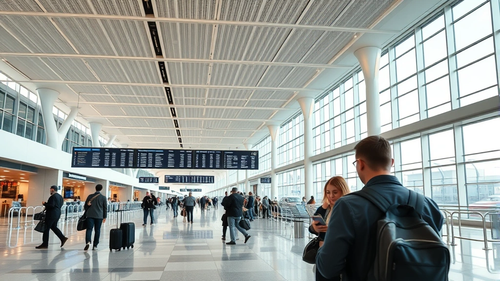 Photorealistic modern airport terminal with departure boards displaying flight information and passengers checking flight status on mobile devices, bright natural lighting, contemporary design