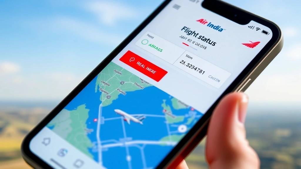 Close-up of smartphone screen showing Air India flight tracking app with real-time flight status, gate information, and live map display with aircraft position over landscape
