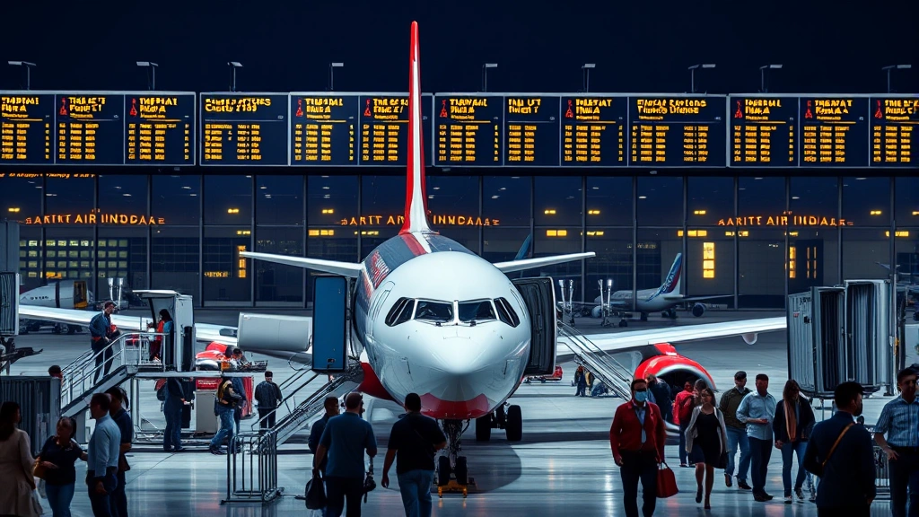 Photorealistic busy airport gate area with passengers boarding Air India aircraft, ground crew preparing aircraft, departure boards visible in background, professional lighting