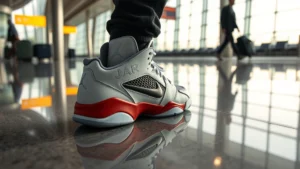 Close-up of Air Jordan True Flight sneaker sitting on polished airport terminal floor with traveler's feet visible in background, modern airport architecture