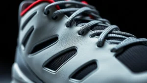 Close-up detail of Air Jordan True Flight sneaker showcasing angular design lines and premium material texture in studio lighting, photorealistic