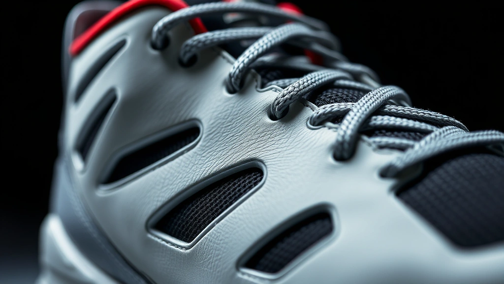 Close-up detail of Air Jordan True Flight sneaker showcasing angular design lines and premium material texture in studio lighting, photorealistic