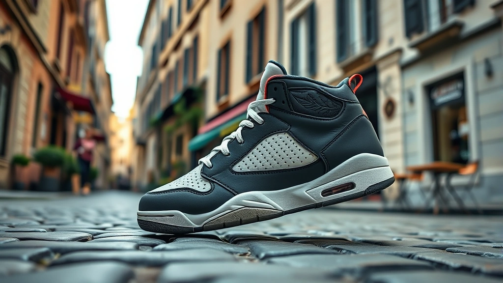 Air Jordan True Flight sneaker displayed on cobblestone European street with historic architecture and cafe in soft-focus background, daytime natural lighting