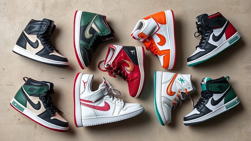 Aerial view of Air Jordan True Flight pairs in multiple colorways arranged artistically on neutral background, sneaker photography style