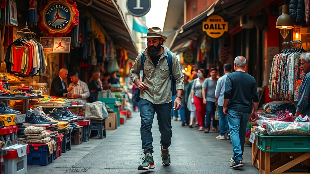 Traveler wearing Air Jordan True Flight sneakers walking through vibrant street market with local vendors, colorful merchandise displays, and diverse crowds, candid travel moment