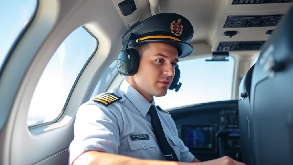 Professional pilot in full uniform sitting in modern aircraft cockpit, checking technical equipment and instruments with focused concentration, natural lighting from window showing clear sky