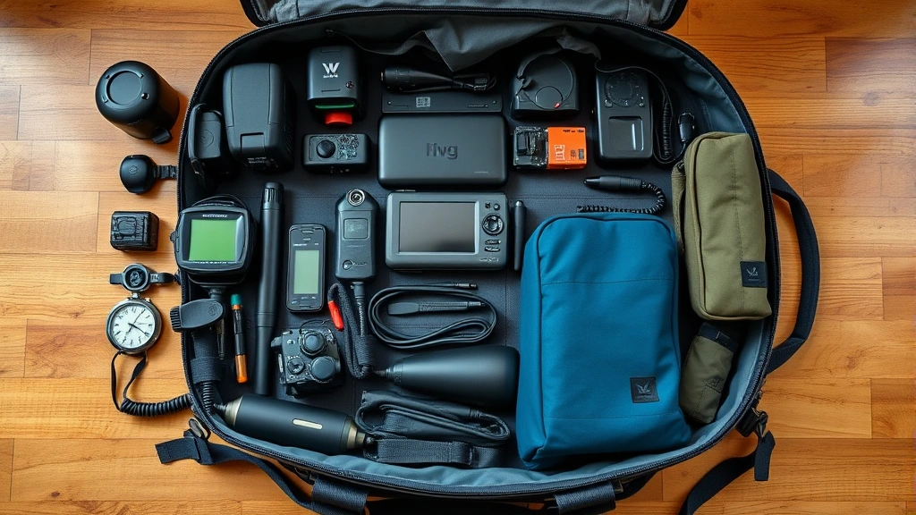 Organized flight bag with neatly arranged technical equipment, navigation devices, protective gear, and personal items displayed on wooden table, professional studio lighting highlighting organization