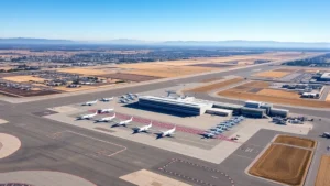 Aerial view of Fresno Yosemite International Airport terminal with regional jets lined up on the tarmac, surrounded by Central Valley farmland and distant Sierra Nevada mountains under clear blue sky