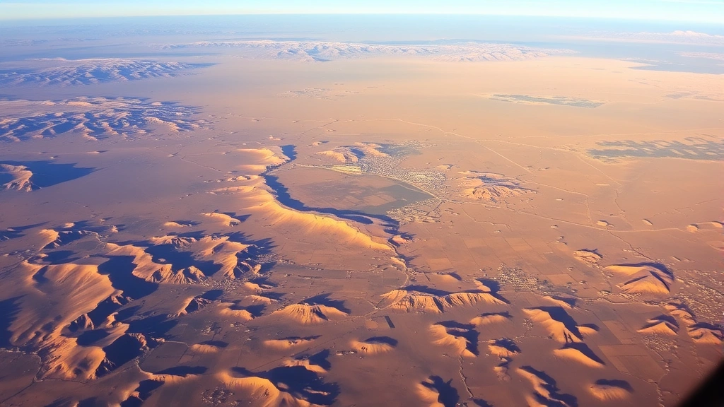 Desert landscape transitioning from California Sierra foothills to Nevada desert plains, photographed from aircraft window showing checkerboard agricultural fields and increasingly sparse terrain