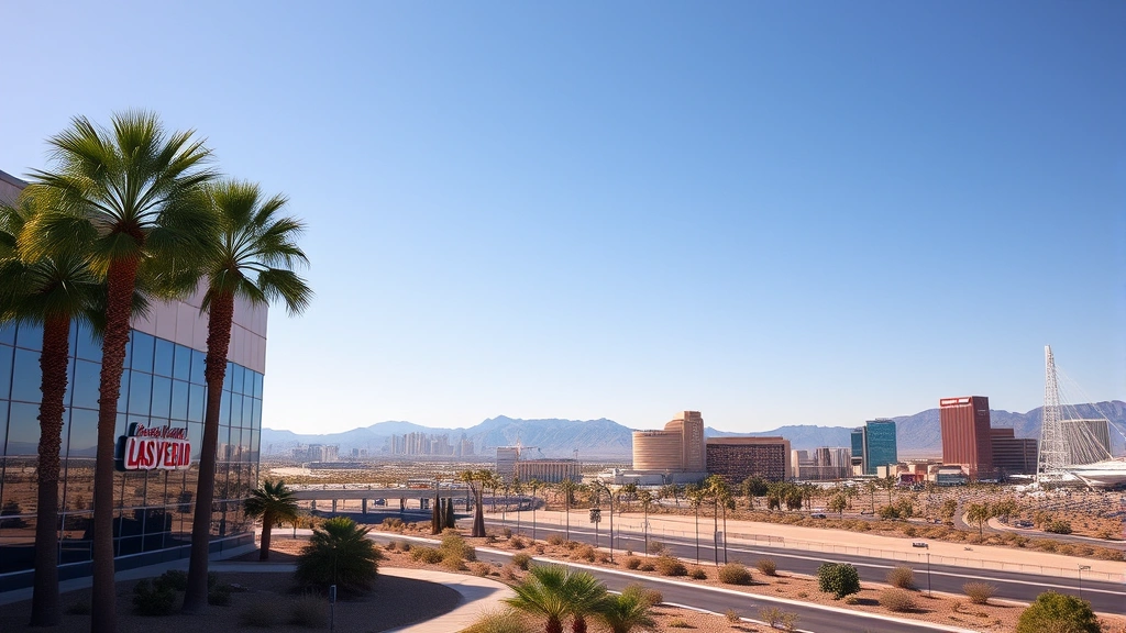 Harry Reid International Airport Las Vegas with Strip skyline visible in distance, modern terminal building exterior with palm trees and desert landscaping under bright sunshine