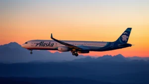 Modern Alaska Airlines aircraft taking off at sunset with snow-capped mountains visible in the background, professional travel photography, clear skies, dynamic motion
