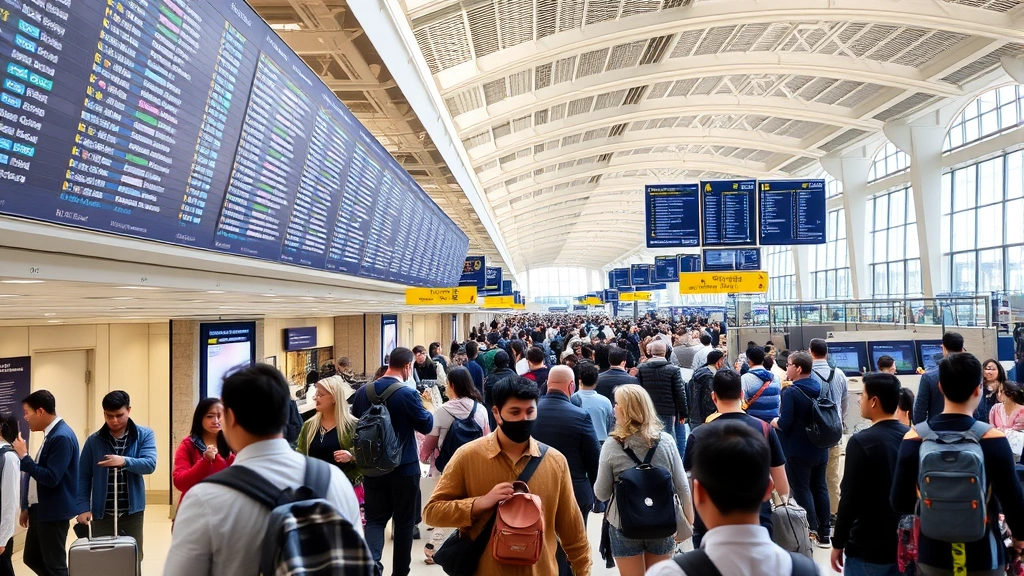 Busy airport terminal with diverse passengers checking flight boards and waiting areas, modern architecture, natural lighting, bustling travel atmosphere