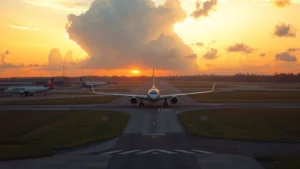 Sunrise over Orlando Sanford International Airport with commercial aircraft on runway, warm golden light, realistic airport operations scene with visible runway markings and ground equipment