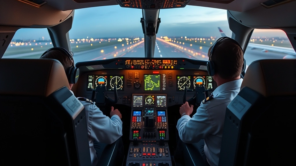Modern aircraft cockpit interior during takeoff preparation, pilots at controls with instrument panels illuminated, professional aviation environment, detailed realistic view of flight deck