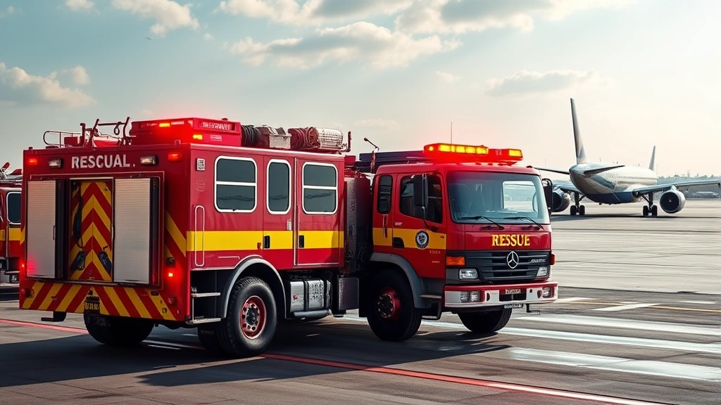 Emergency response vehicles stationed at airport runway edge during active flight operations, firefighting truck and rescue equipment ready, professional airport safety demonstration, realistic operational scene