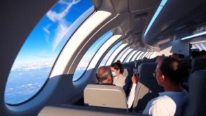Boeing 787 Dreamliner aircraft interior cabin with passengers seated, modern lighting, wide windows showing blue sky and clouds during daytime flight over landscape