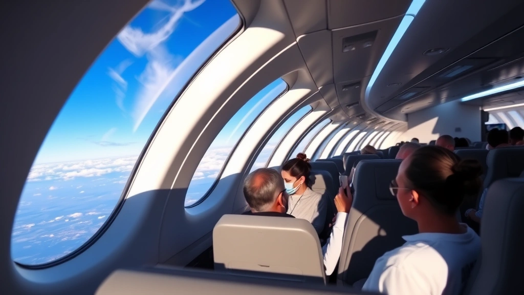 Boeing 787 Dreamliner aircraft interior cabin with passengers seated, modern lighting, wide windows showing blue sky and clouds during daytime flight over landscape