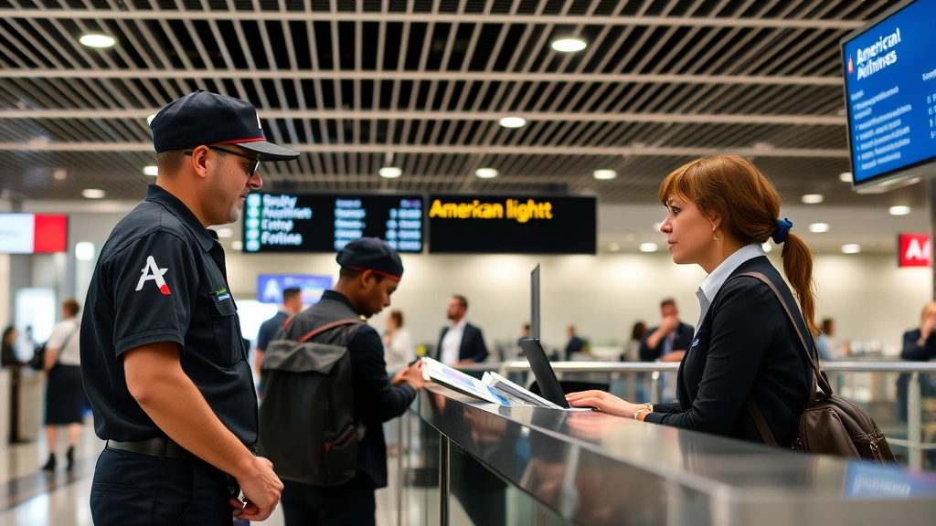 American Airlines ground crew and customer service representatives at airport terminal counter assisting diverted passengers with rebooking and accommodations information