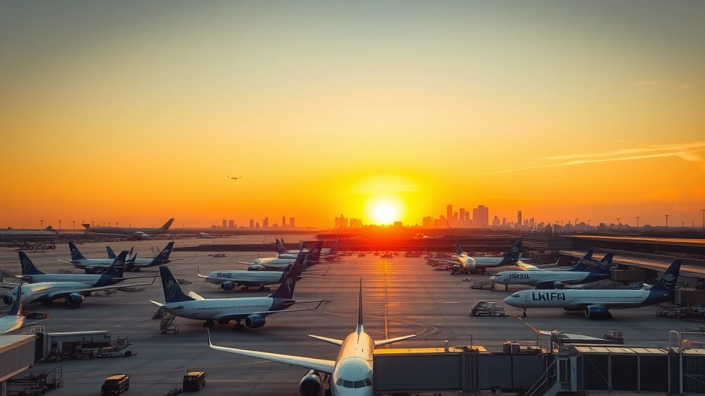 Aerial view of multiple commercial aircraft parked at busy airport terminal gates during evening sunset with city skyline visible in background