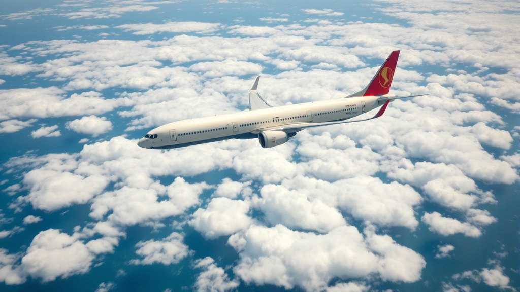 Aerial view of modern commercial aircraft in flight over Mediterranean Sea with clouds below, bright daylight conditions, realistic photography
