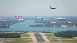 Aerial photograph of Reagan National Airport DCA showing multiple commercial aircraft approaching runway over Potomac River, Washington DC monuments visible in distance, clear sunny day with aircraft in various approach stages