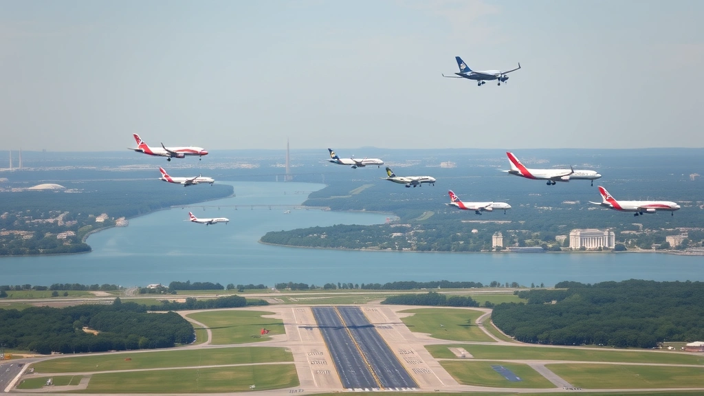 Aerial photograph of Reagan National Airport DCA showing multiple commercial aircraft approaching runway over Potomac River, Washington DC monuments visible in distance, clear sunny day with aircraft in various approach stages
