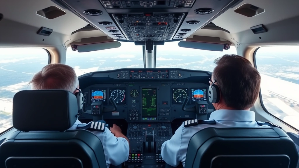 Interior cockpit view of Boeing 737 during approach phase showing instrument panel, altitude indicators, airspeed instruments, two pilots in seats monitoring systems, realistic professional aviation environment