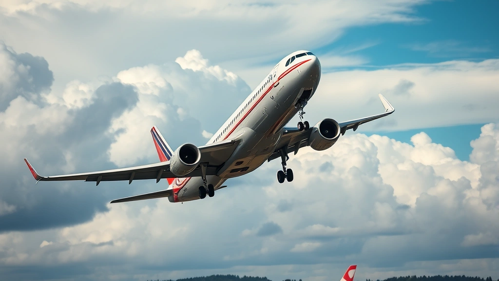 Dramatic wide-angle photograph of commercial airliner climbing steeply away from runway after go-around, landing gear retracting, clouds and sky background, aircraft banking slightly, showing power application