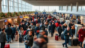 Busy airport terminal at Christmas Eve with holiday decorations, crowds of travelers rushing with luggage, warm winter clothing, festive atmosphere mixed with travel stress, natural lighting from large windows, multiple check-in counters, real passengers moving through space