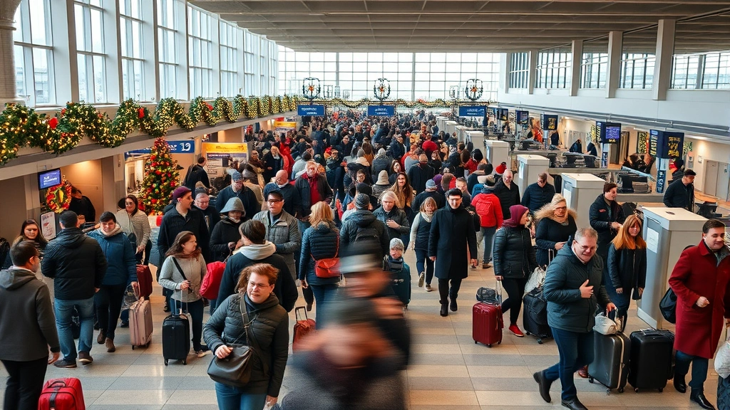 Busy airport terminal at Christmas Eve with holiday decorations, crowds of travelers rushing with luggage, warm winter clothing, festive atmosphere mixed with travel stress, natural lighting from large windows, multiple check-in counters, real passengers moving through space