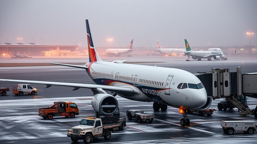 Commercial aircraft parked at gate during winter conditions with light snow falling, ground service vehicles nearby, de-icing equipment visible, evening or early morning lighting, realistic airport infrastructure, other planes in background, winter weather evident but operations continuing