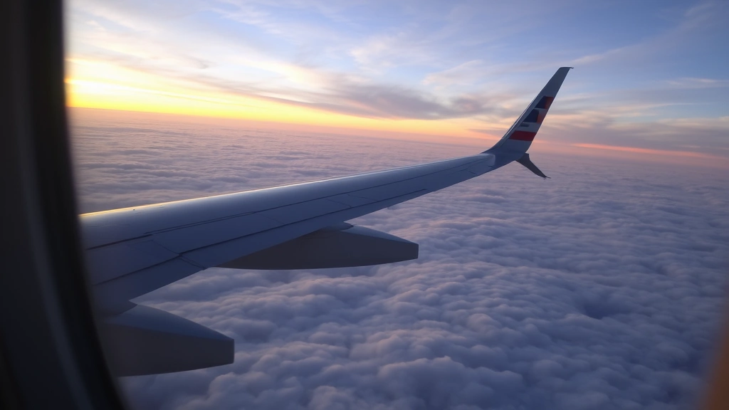 American Airlines aircraft mid-flight viewed from window seat, clouds below, sunset or sunrise lighting, realistic atmospheric conditions, winter weather patterns visible in cloud formations, no text or identifying marks visible, expansive sky views, traveler perspective from cabin window