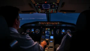 Cockpit interior showing pilot at controls with instrument panel illuminated, commercial aircraft perspective, realistic professional aviation environment, no text or gauges visible