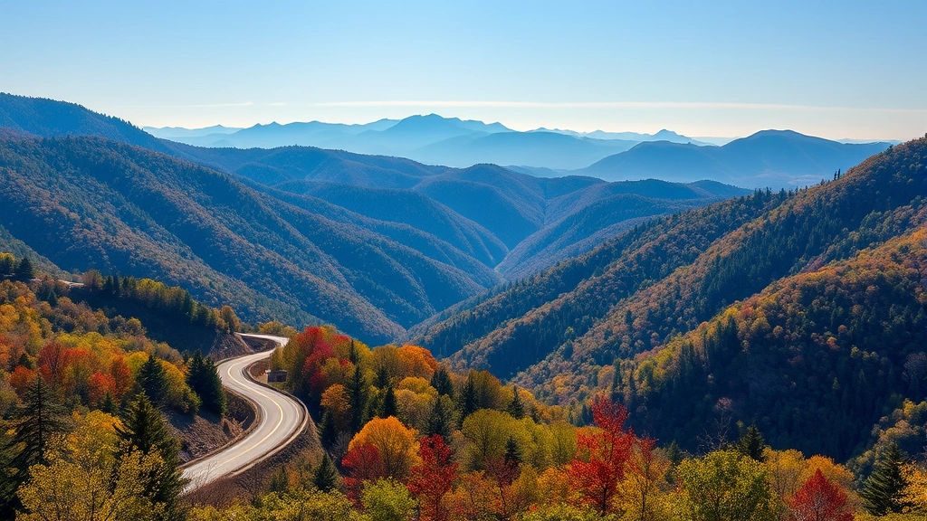 Scenic mountain road winding through Blue Ridge Mountains near Asheville, alternative driving route with fall foliage or spring greenery, scenic highway landscape, travel alternative transportation concept