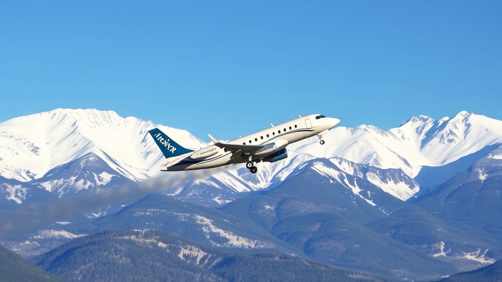 Regional Bombardier CRJ aircraft taking off from high-elevation Aspen-Pitkin County Airport surrounded by snow-capped Rocky Mountains under clear blue sky