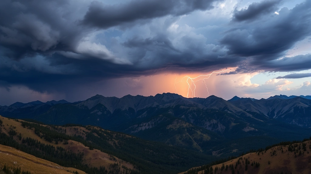 Dramatic afternoon thunderstorm developing over Colorado mountainous terrain with dark clouds and lightning visible across mountain peaks