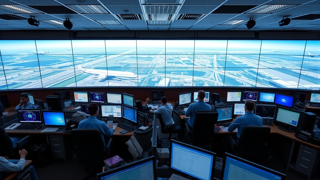 Busy air traffic control center with multiple controllers monitoring radar screens and coordinating aircraft operations across national airspace