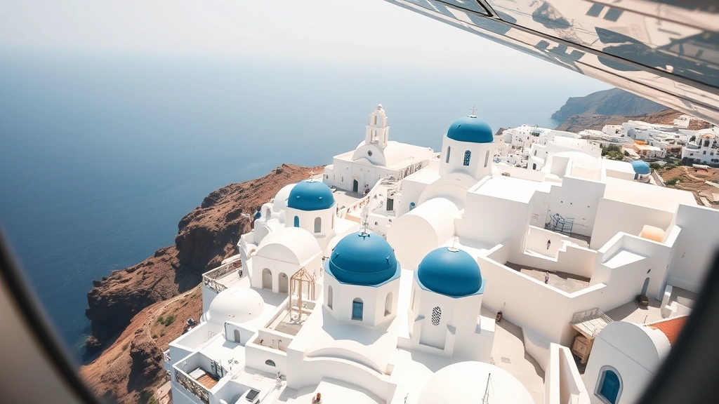 Aerial view of white-washed buildings and blue-domed churches on Santorini's caldera cliffs with Aegean Sea below, aircraft window perspective