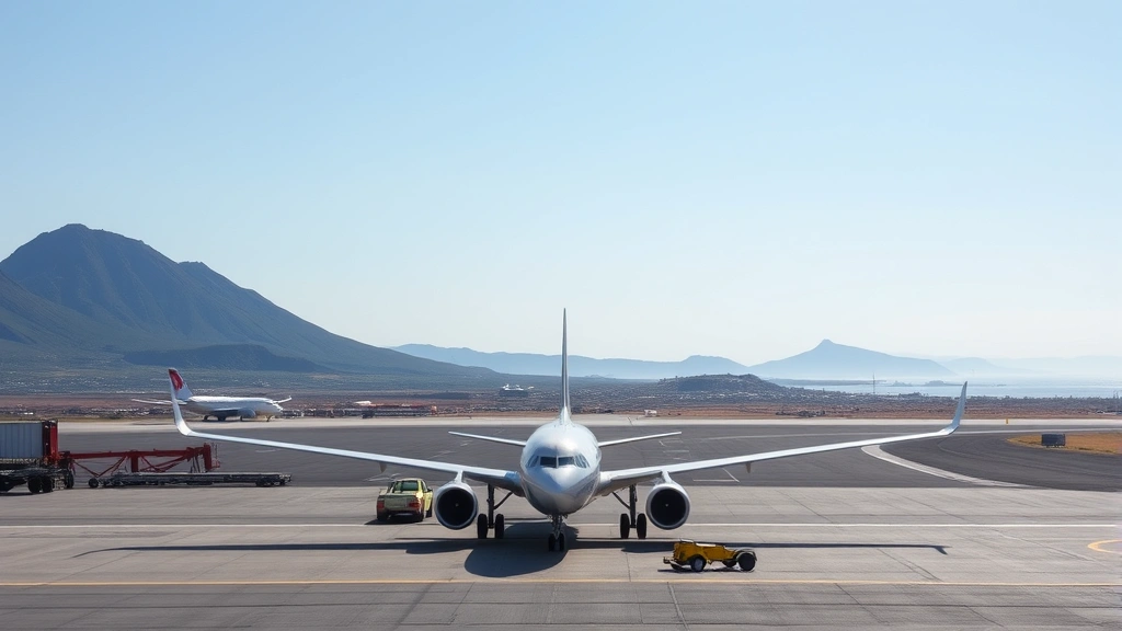 Thira International Airport tarmac with aircraft preparing for departure, volcanic landscape and Mediterranean islands visible in background