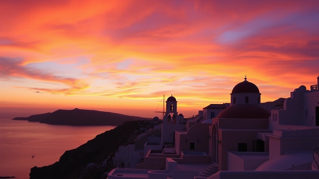 Golden hour sunset over Santorini with traditional Cycladic architecture silhouetted against vibrant orange and purple sky reflecting on calm ocean