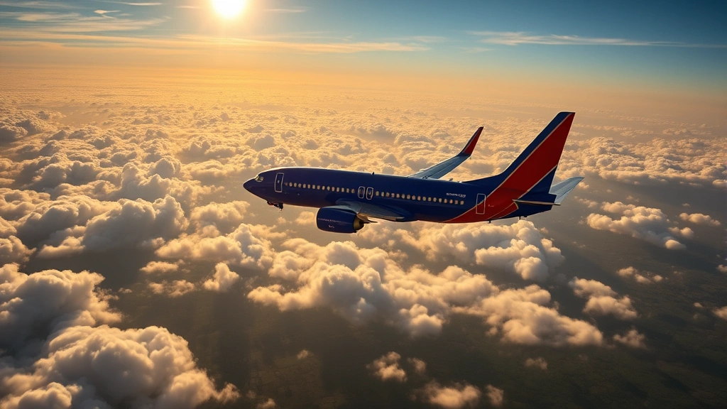 Southwest Airlines Boeing 737 aircraft in flight over Texas landscape with clouds and green terrain below, sunlit sky, commercial jet cruising altitude photography