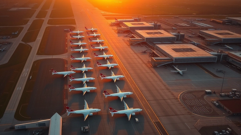 Aerial view of Hartsfield-Jackson Atlanta International Airport with multiple aircraft lined up on tarmac at sunrise, warm golden light illuminating the runway infrastructure and terminal buildings