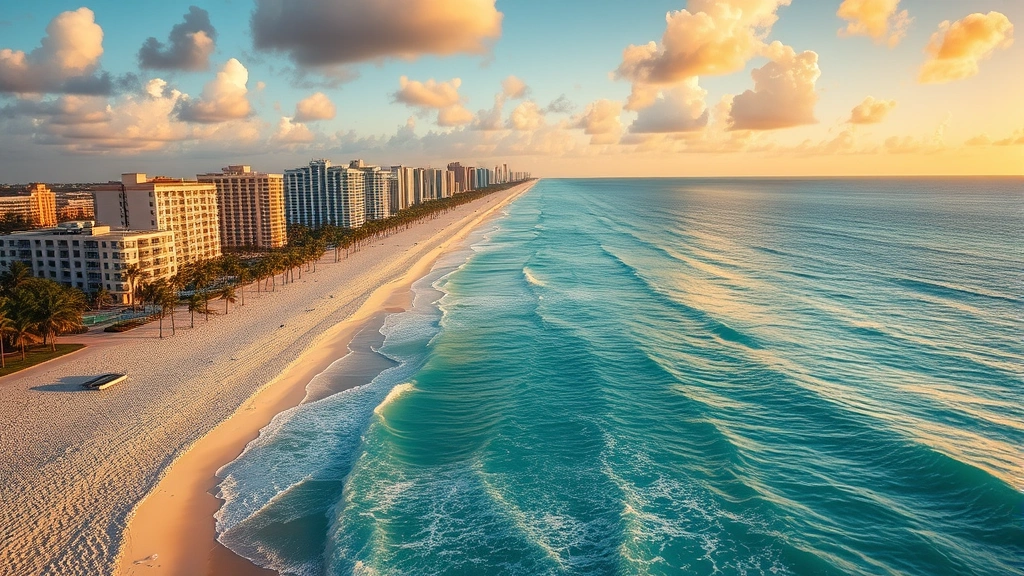 Vibrant Miami coastline with turquoise ocean waters, white sandy beach, art deco buildings and palm trees along the shore, golden hour sunset light reflecting off the water