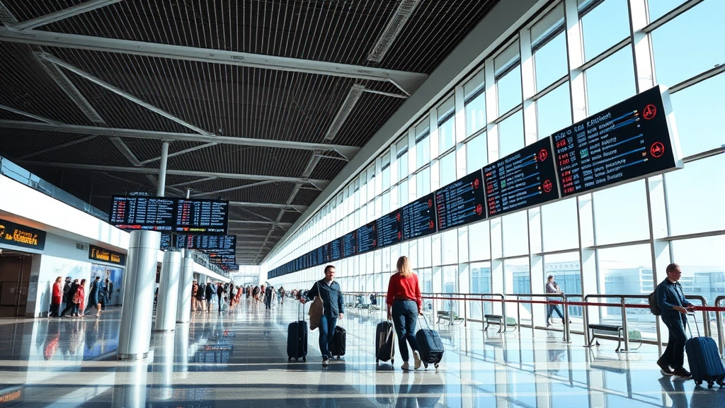 Modern airport terminal interior showing digital departure boards displaying flight information, travelers with luggage walking through bright contemporary airport corridor with natural light