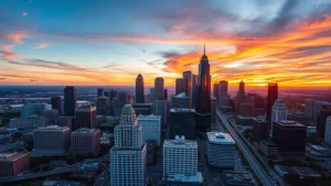 Aerial cityscape view of Atlanta skyline at golden hour with Hartsfield-Jackson Airport visible, modern buildings and highways, vibrant sunset colors reflecting off glass skyscrapers